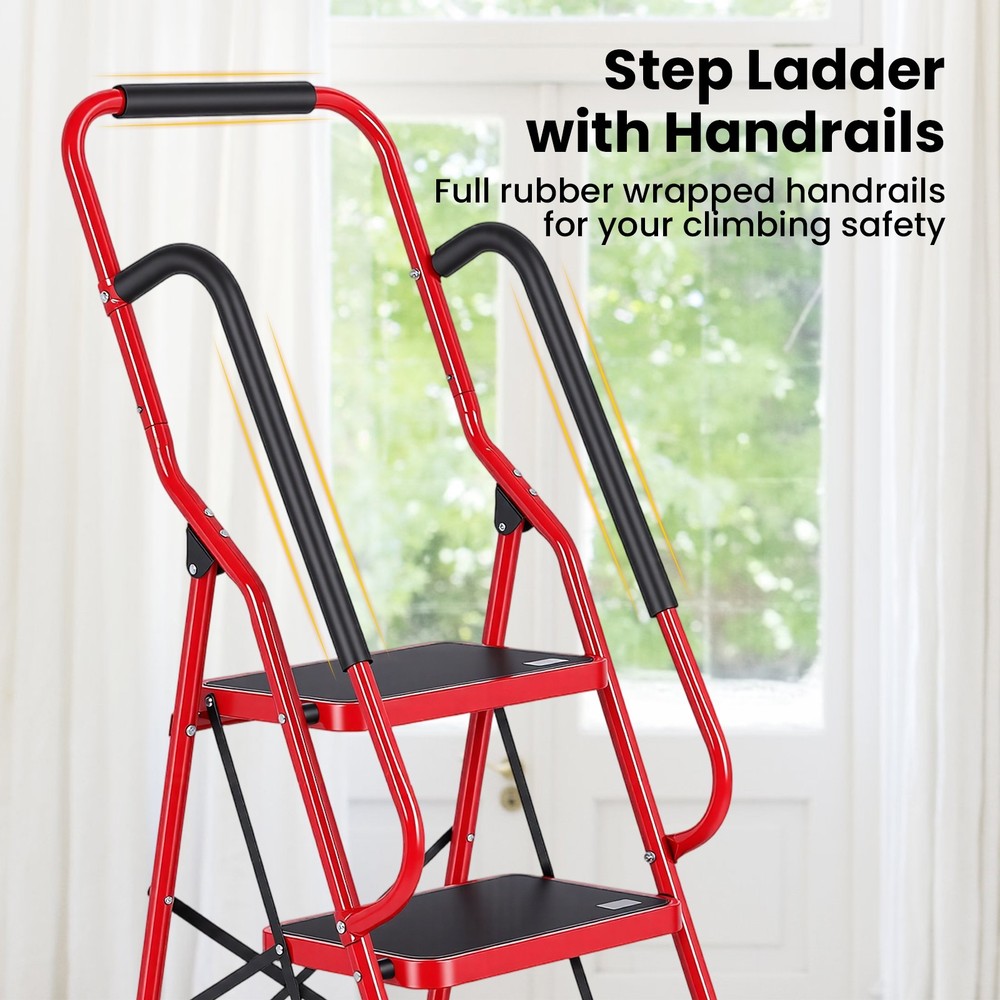 3 Step Ladder with Hankdrails, Folding Step Stool with Safety Lock, Red