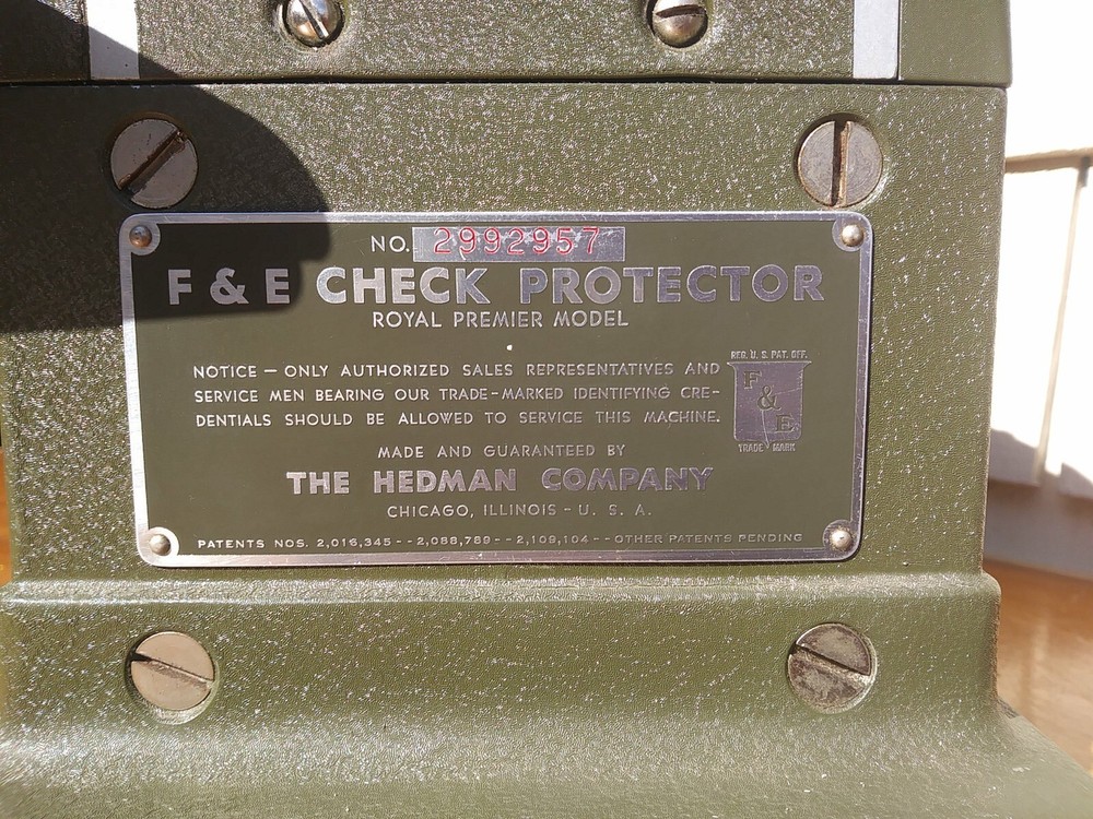 Vintage Hedman Co. F&E Royal Premier Check Protector