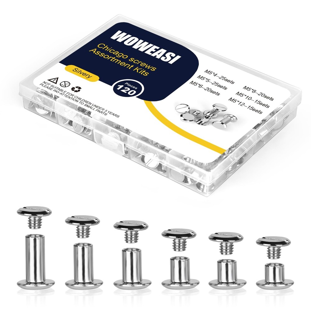 120 Sets Chicago Screws Kit M5 Leather Binding Rivets 6 Sizes Silver