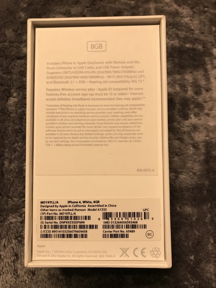 iphone 4, White, 8GB (Box Only) ~ INCLUDES USB Power Adapter & Quick start guide