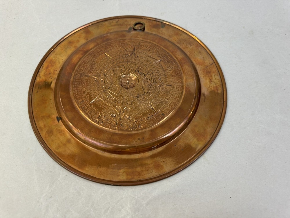 Vintage Solid Copper Embossed Mayan Aztec Inspired Round Wall Hang Plate 11"