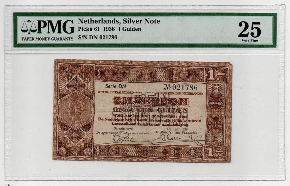 NETHERLANDS 1938 - 1 Gulden - Silver Note - PMG  VF 25 - P# 61
