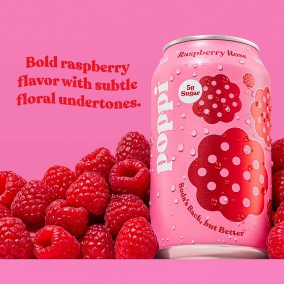 poppi Raspberry Rose Prebiotic Soda, 12 fl oz, 4 Pack Cans