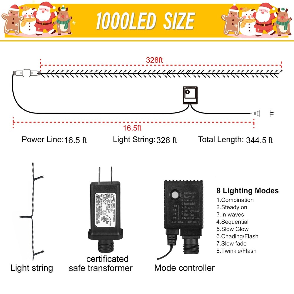Weillsnow 328 FT 1000 LED Christmas String Lights with Remote & Timer, 8 Lightin