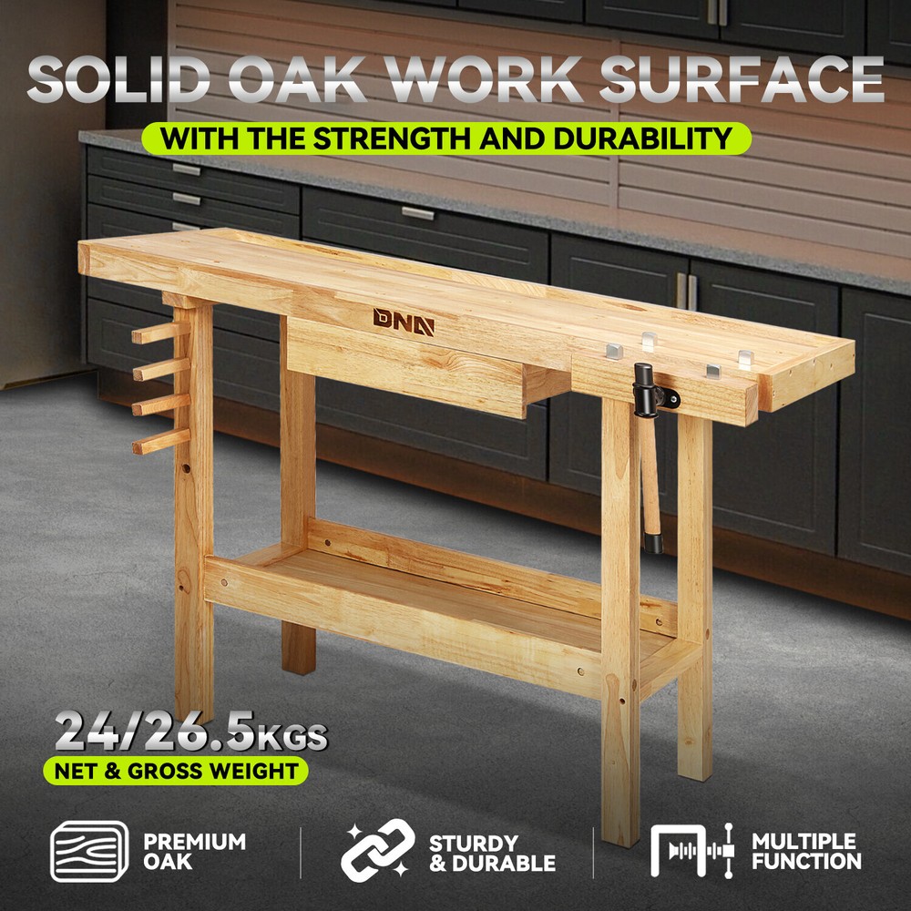 Solid Rubber Wood Workbench Work Desk w/ Drawer + Open Space + Adjustable Handle