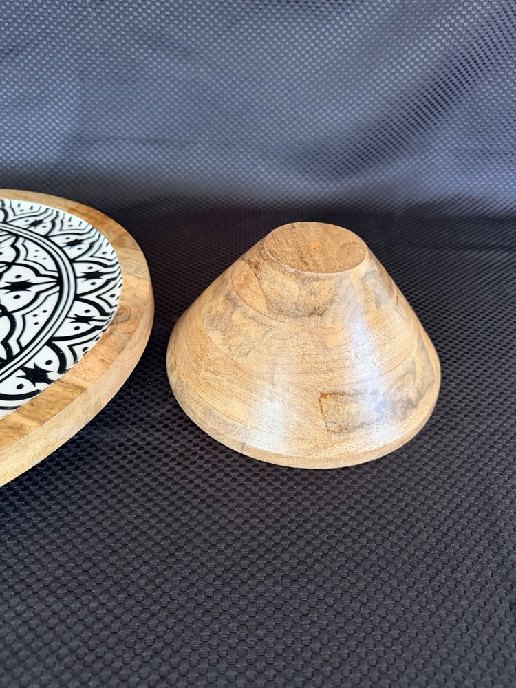 Lazy Susan Turntable Solid Wood With Boho Patterned Inlay And Matching Bowl