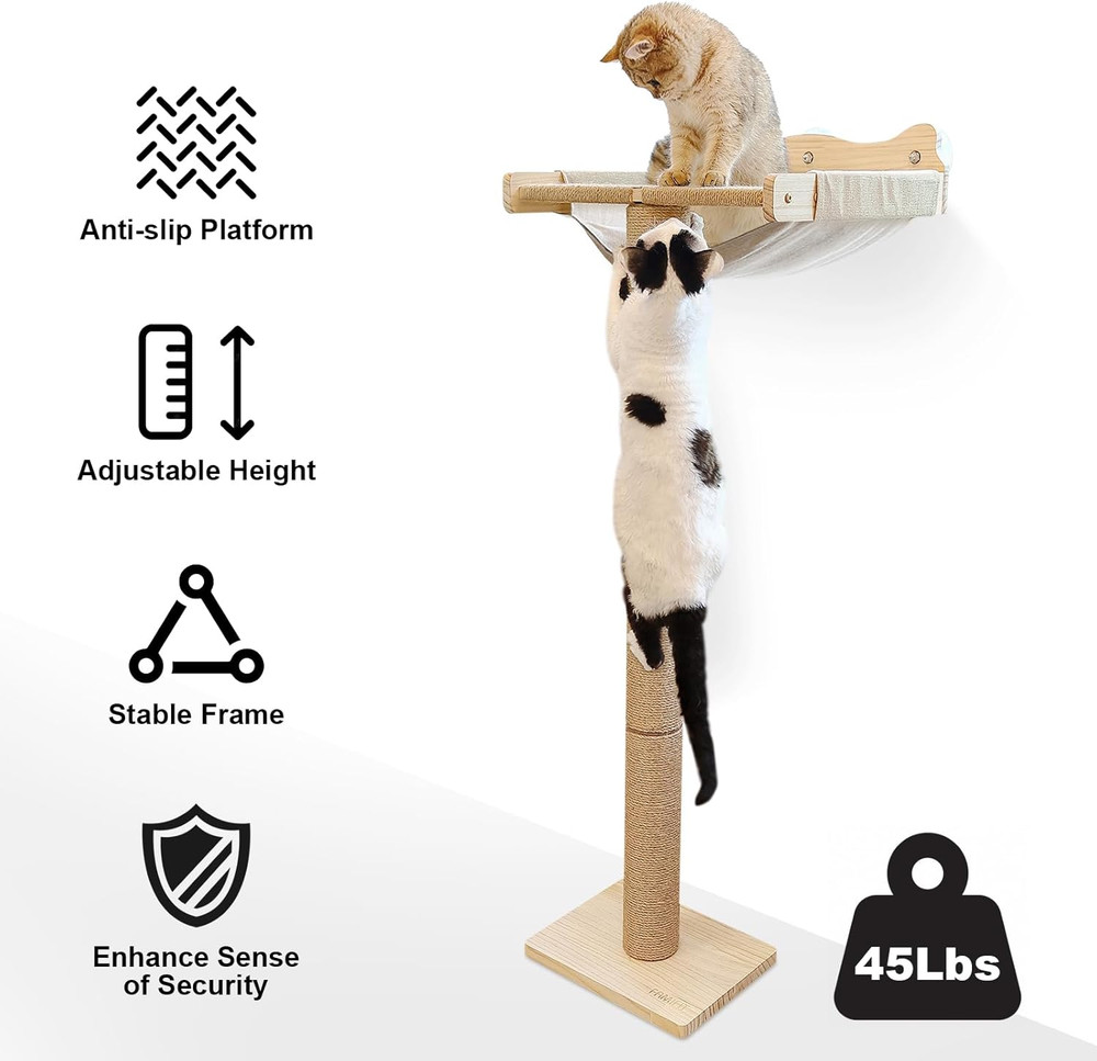 Cat Window Perch with Scratching Post, 46" Adjustable Tall Scratching Posts & Su