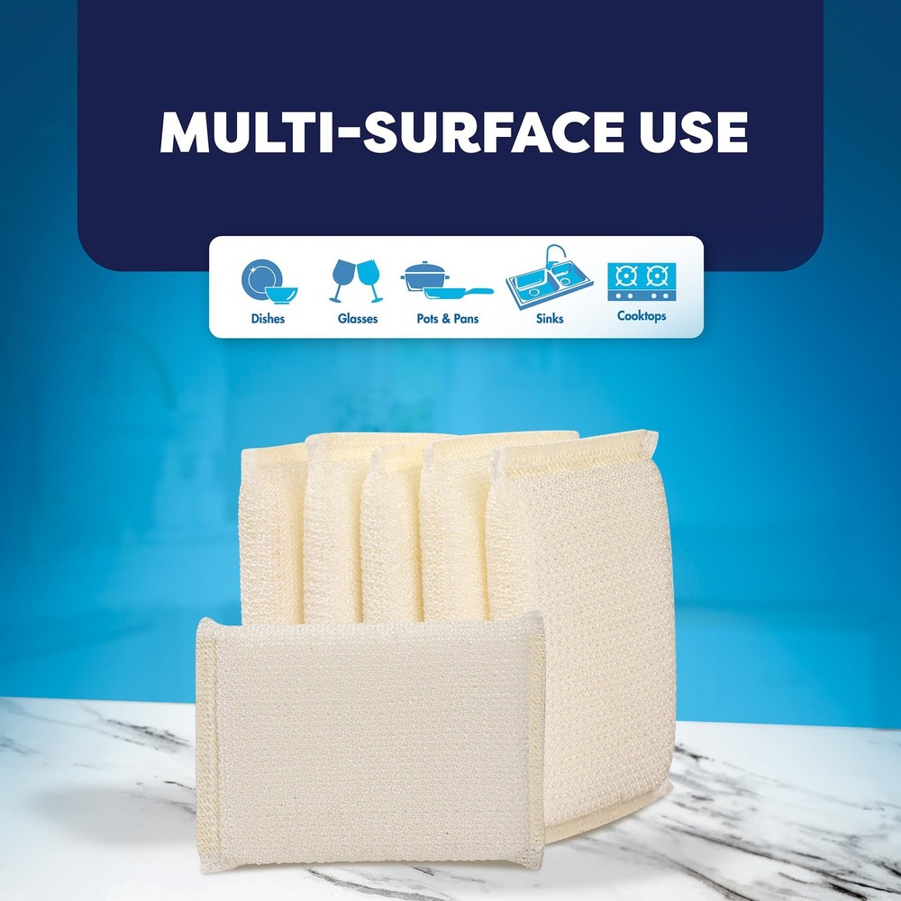 6 Scrub Sponges Kitchen by SCRUBIT, Multi-Purpose Scouring Pads, White