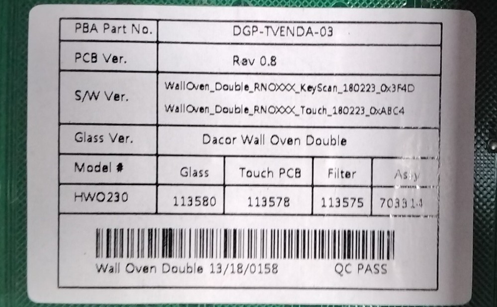 Control panel part # DGP-TVENDA-03 Rev 0.8