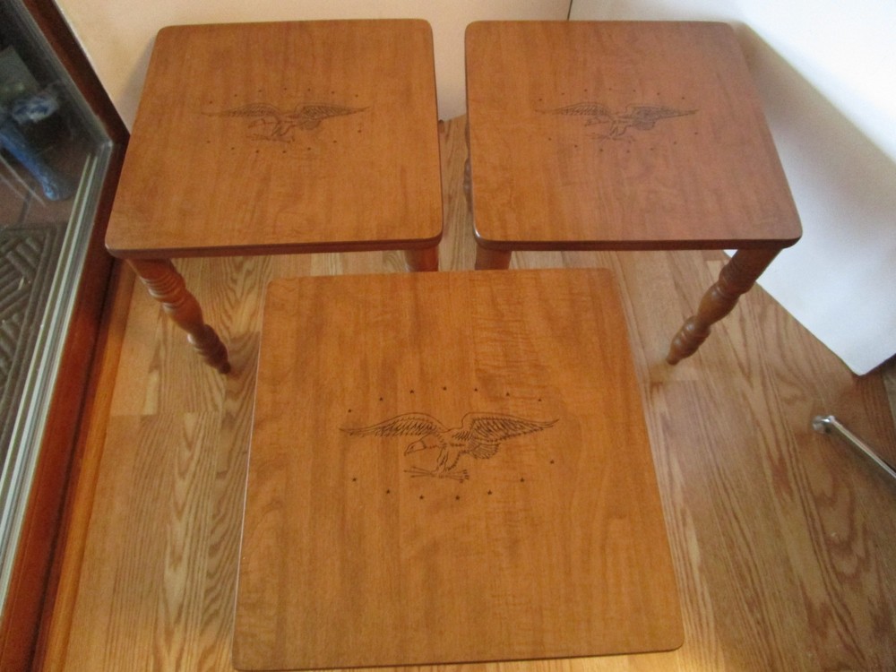 Vintage MCM Set 3 nesting/Stackable Formica wood Tables Eagle Patriotic 1960's