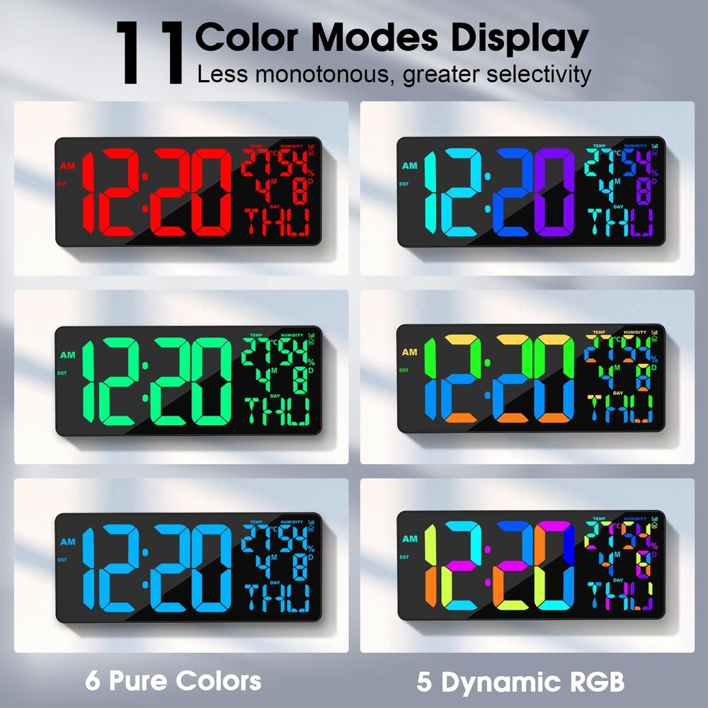 11 RGB Color Changes Large Digital Wall Clock/Bluetooth Auto Time Sync, Remot...