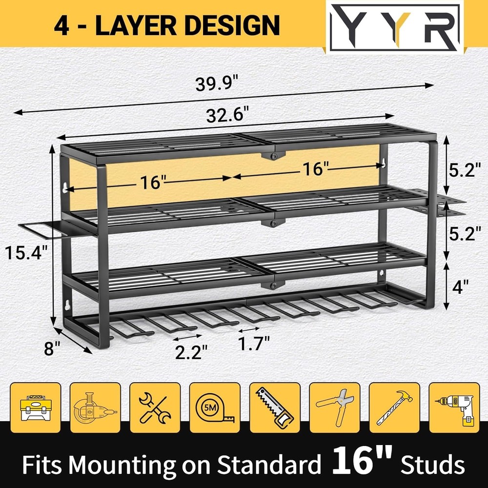 Professional 4 Layer Tool Organizer for Garage - Wall Mounted & Easy Install