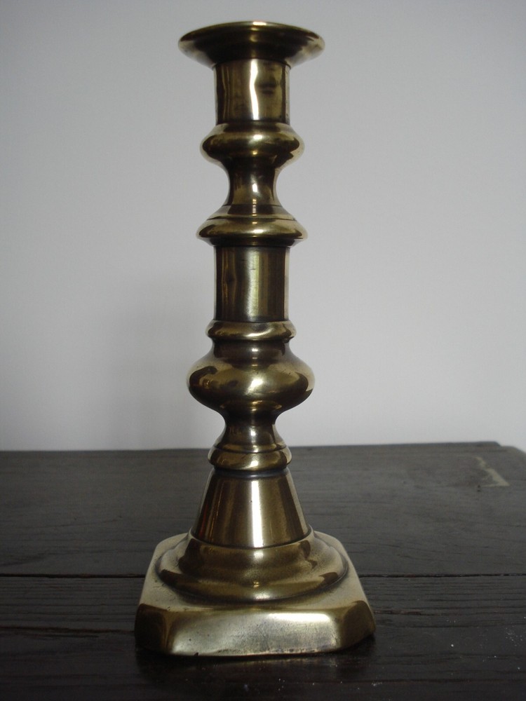 ANTIQUE 19TH C BRASS BALUSTER STEM CANDLESTICK WITH EJECTOR 2