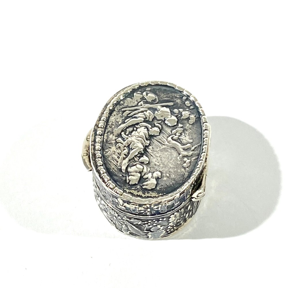 Antique Solid Silver Italian Pillbox , Hallmarked with romantic scene