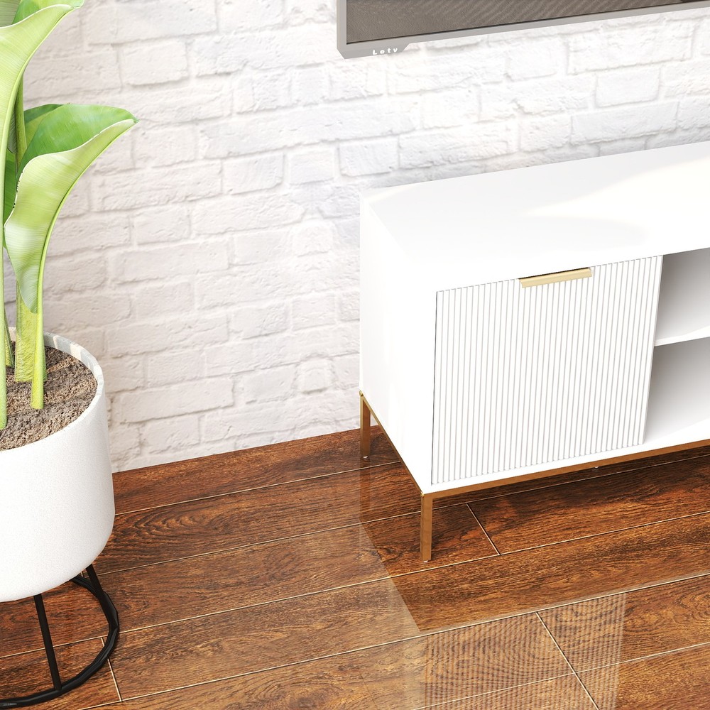 Modern TV Stand with Wave-Design Doors, Open Shelf & Adjustable