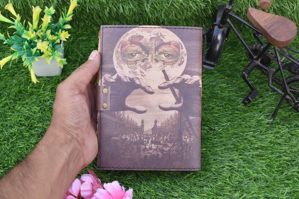 Wicca Moon Magic Witchcraft printed leather journal Deckle edge notebook 7x5"