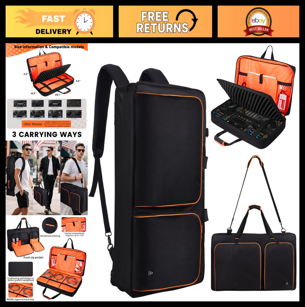DJ Controller Case with Thick EVA Padding, Fits 15.6" Laptops, Adjustable Strap,