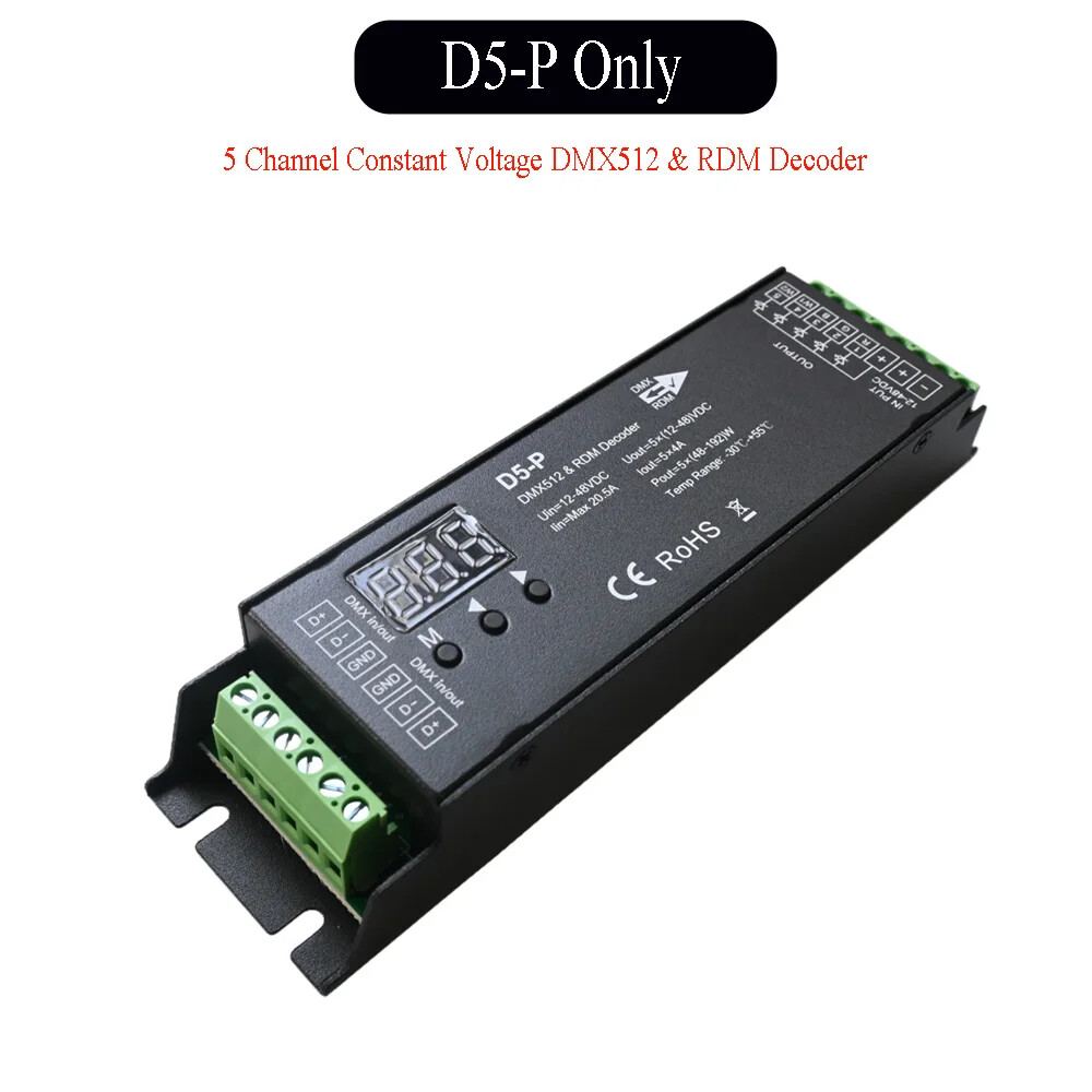 DC 12V-48V 5 Channel DMX Decoder DMX512 Dimmer Driver PWM RGBCCT LED Controller