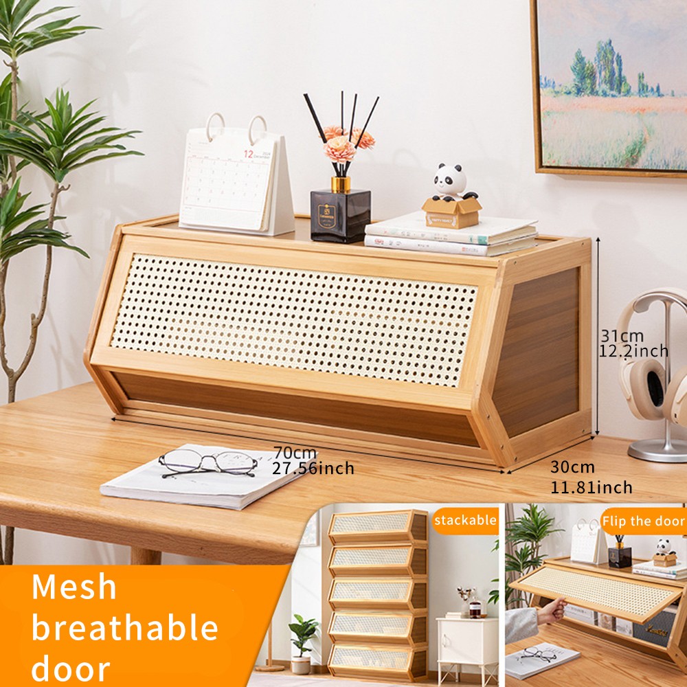 Bamboo Storage Cabinet Cupboard Bedroom Organizer Unit Stackable W/ Door