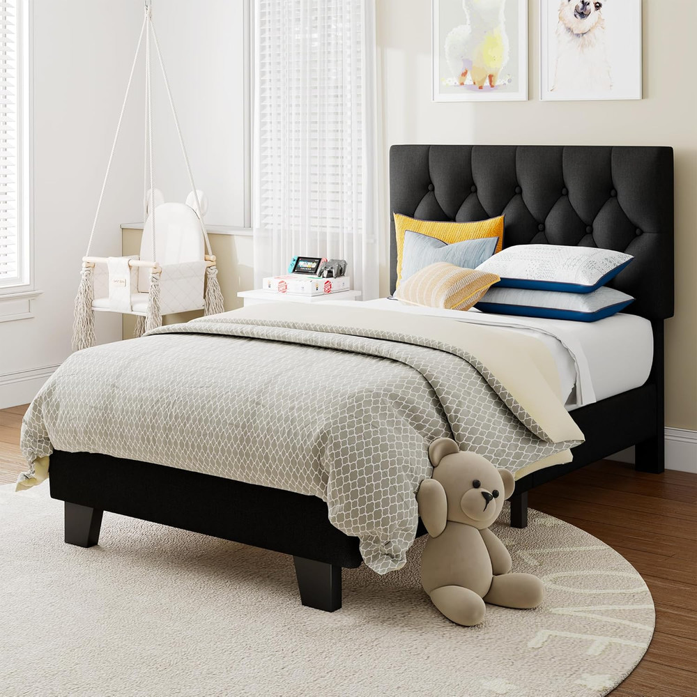 Einhomn Twin Upholstered Bed Frame with Headboard, Button Tufted Linen Bed Base,