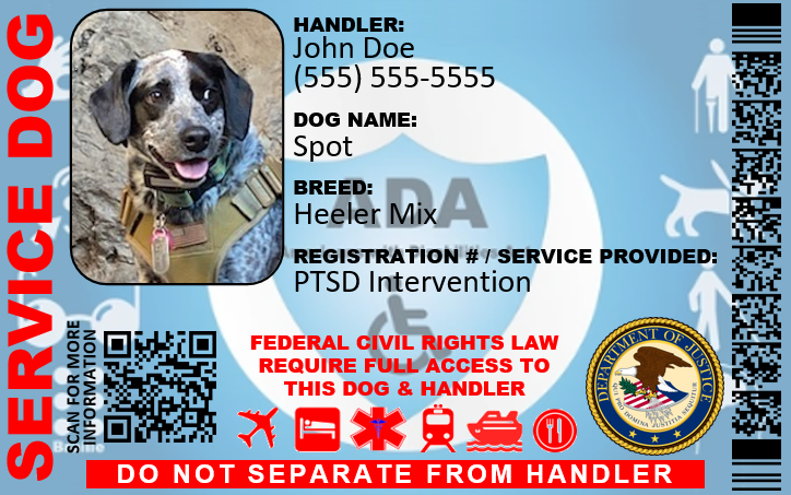 SERVICE DOG ID CARD ADA 2 SIDED CUSTOMIZABLE PHYSICAL & DIGITAL CARD
