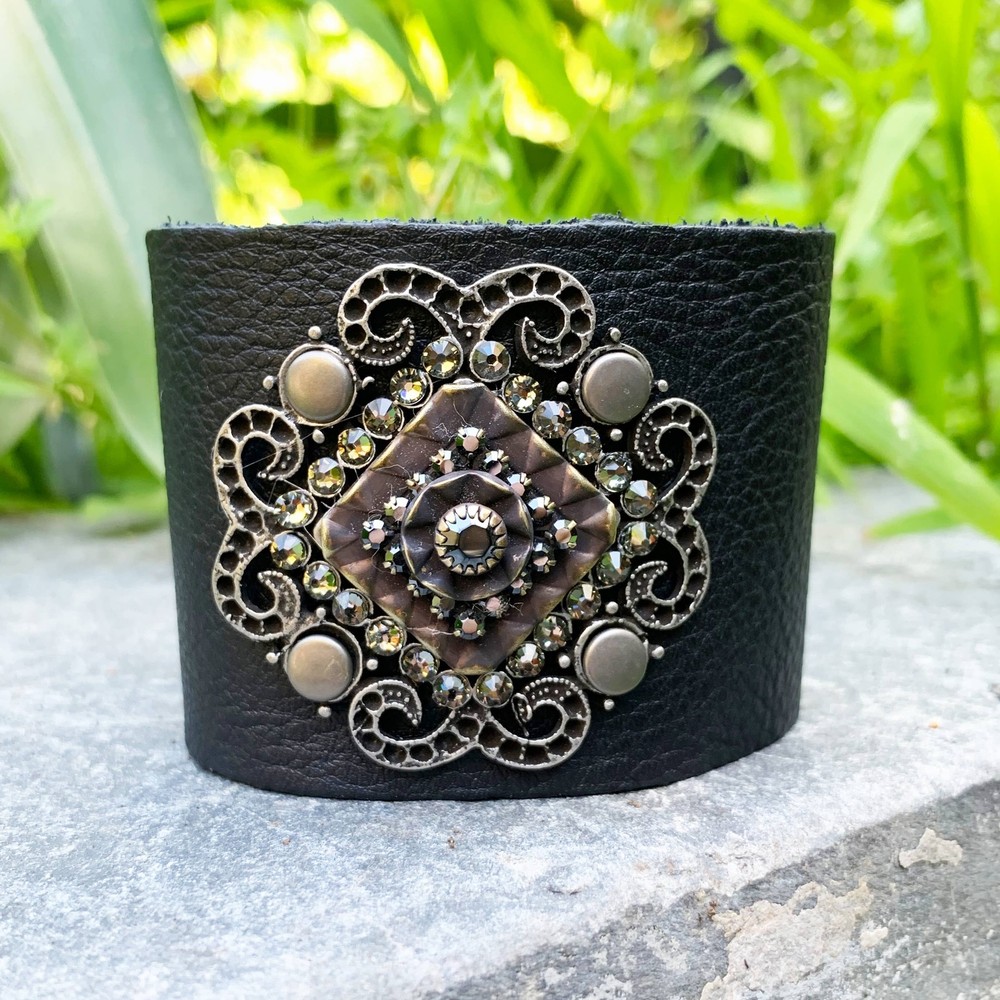 Deluxe Stones on Black Leather 2 Inch Cuff