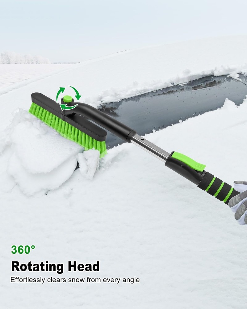 Extendable Snow Brush Ice Scraper Car Windshield Green Rotatable Foam Grip