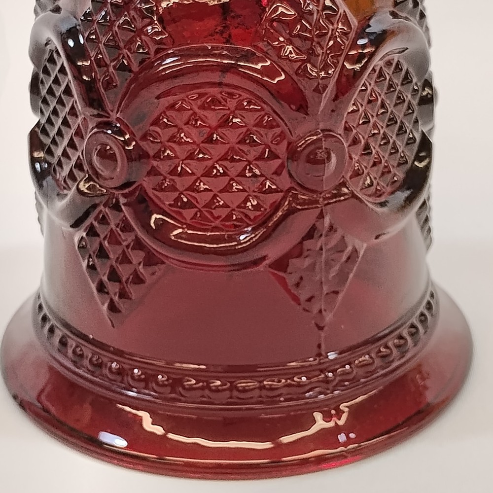 Vintage Ruby Red Pressed Glass Bell Decorative Collectible Intricate Pattern