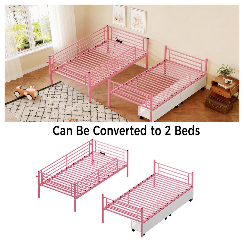 Bunk Bed with USB Charging Station, Able to Split, Metal Bunk Bed, Storage Space