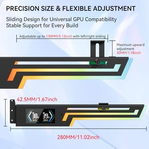 Adjustable GPU Support Bracket with Temp Display & RGB Lighting - Universal Grap