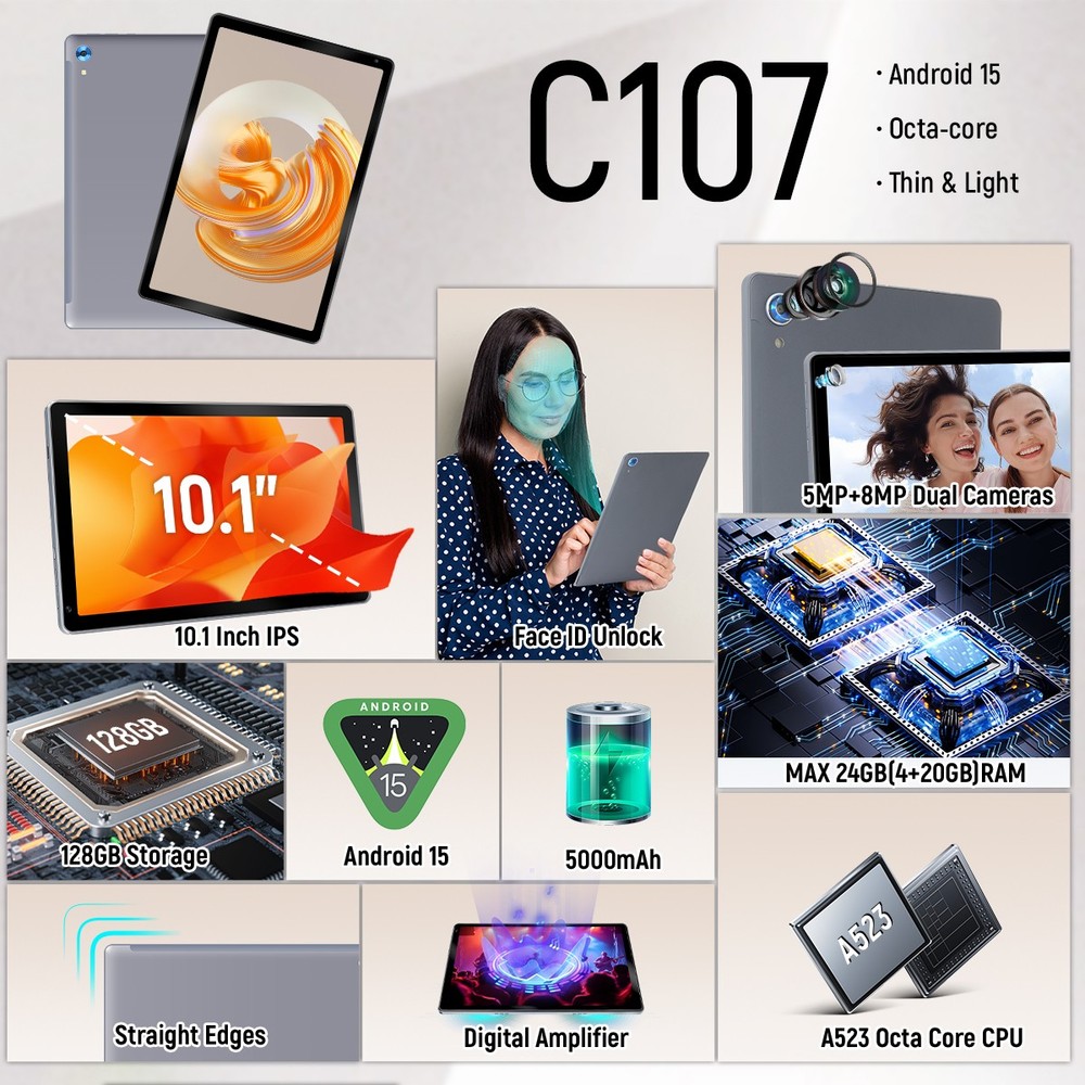 New 10.1" Android 15 Tablet 24+128GB IPS Touchscreen Octa-core Processor Wi-Fi