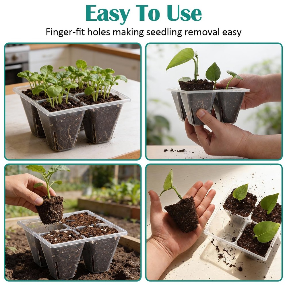 80 Pack Reusable 4-Cell Clear Seed Starter Trays - Extra Large Drainage Holes...