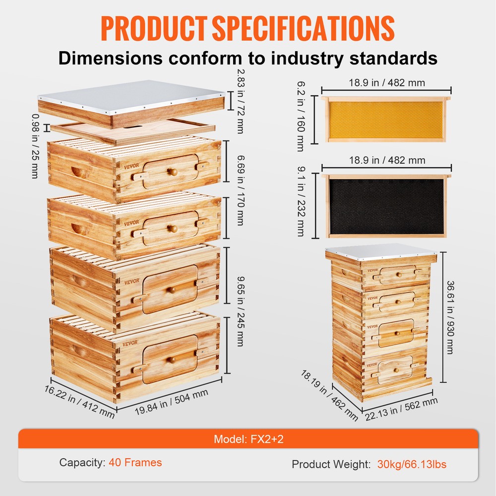 VEVOR Bee Hive Langstroth Kit 20 Deep & 20 Medium Frames with Acrylic Windows