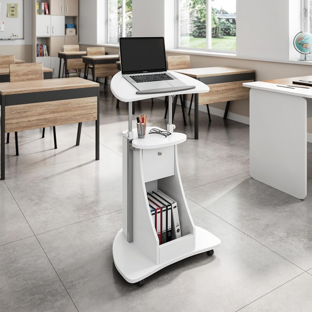 Techni Mobili Adjustable Height Rolling Laptop Cart with Storage, Sit White