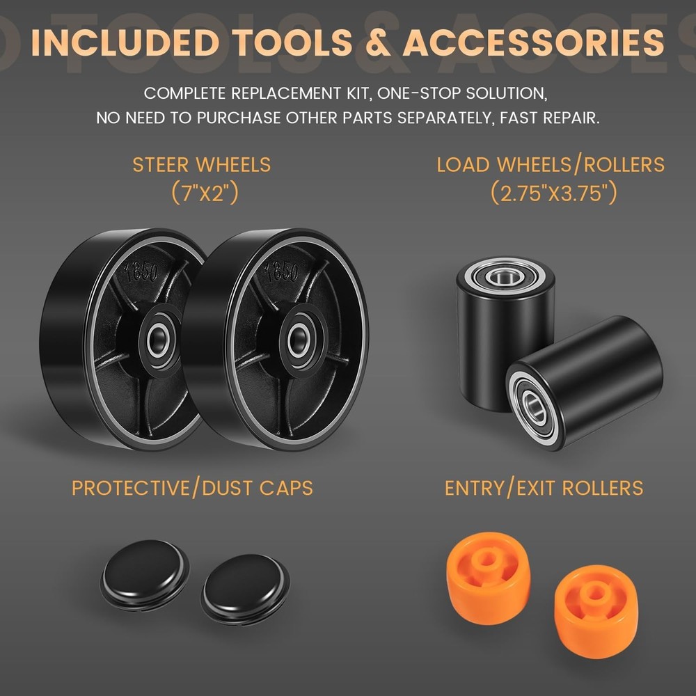 for Crown PTH50 Pallet Jack Full Replacement Kit Steering Wheels Front Load 7"x2