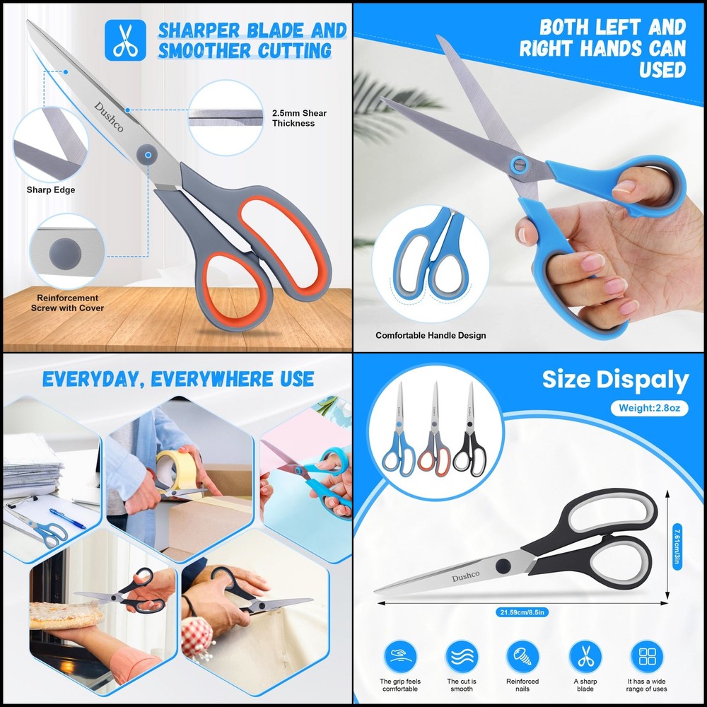Dushco 8.5 Inch Multipurpose Scissors Bulk Set of 3 Pack Ultra Durable and Sharp