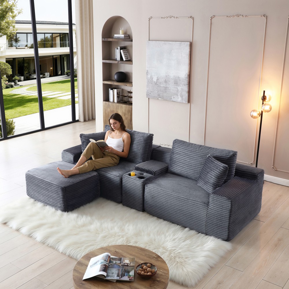 Grey Corduroy Sleeper Sofa Bed, Sectional w/ Storage & USB, No Assembly