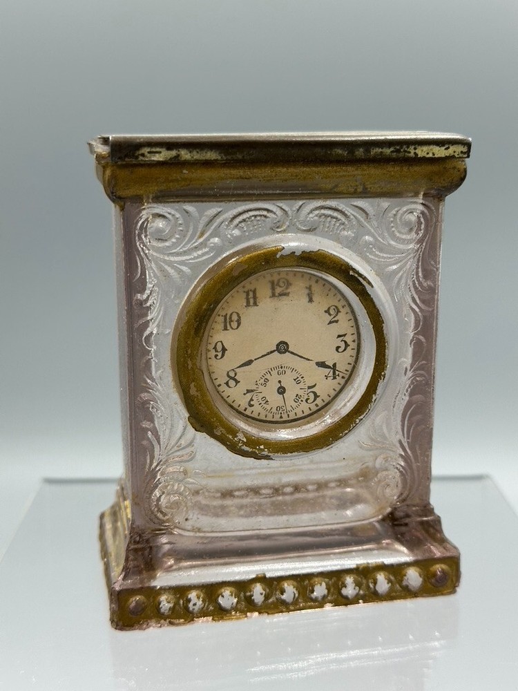 1910s MANTEL CLOCK Glass CANDY CONTAINER Antique A&E 164