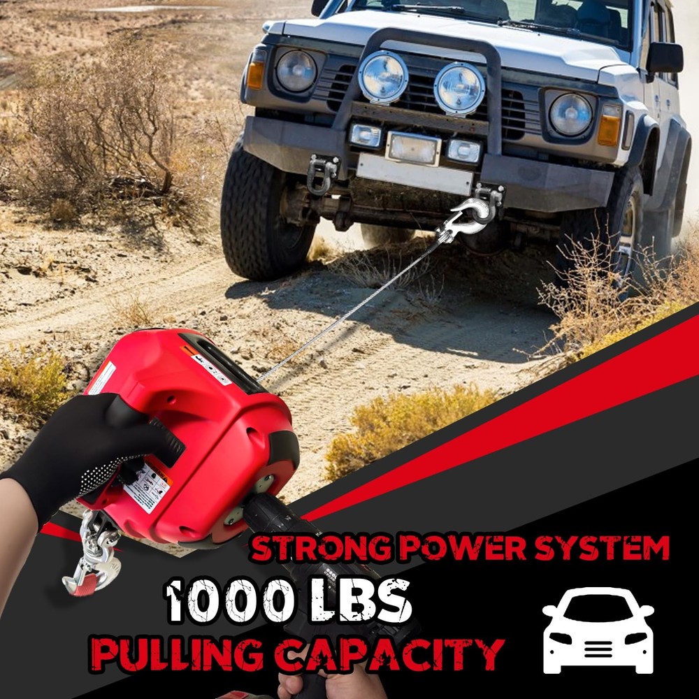 SENKEYFE Drill Powered Portable Winch 1000LBS, with 40FT Red