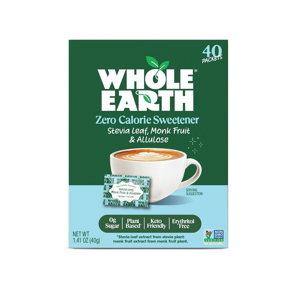 Whole Earth Stevia, Monk Fruit & Allulose 40ct Packets, Zero Calorie Sugar