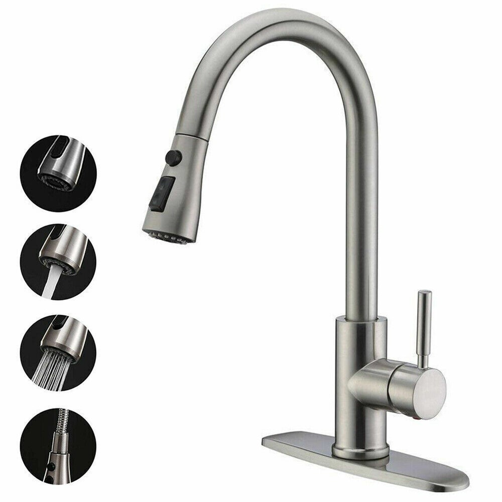 Commercial Kitchen Sink Faucet Pull Down Sprayer Single Handle with Cover Plate