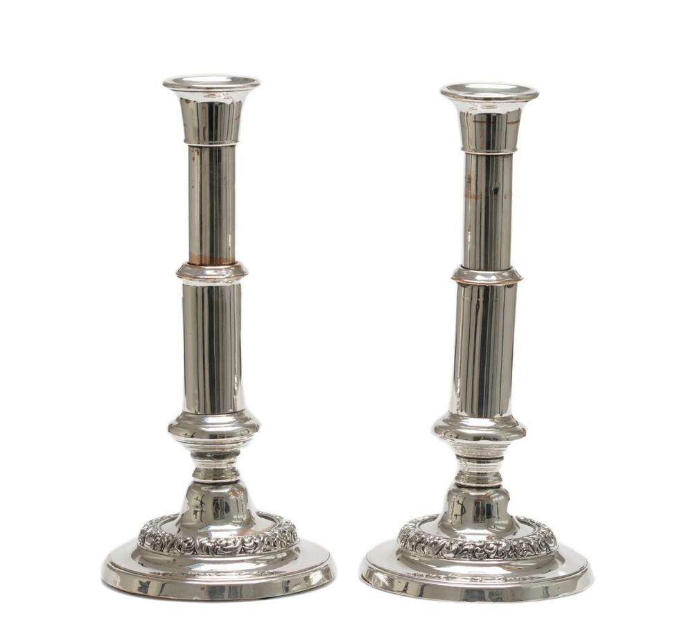 Pair Antique Victorian Silver Plated over Copper Telescoping Candlesticks