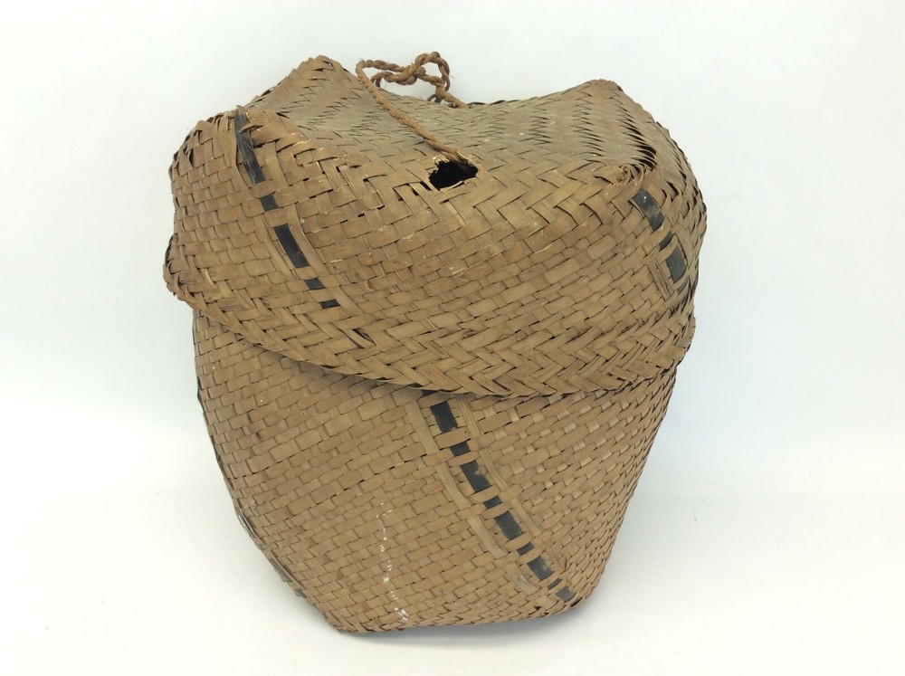 Wicker Woven Black Stripe Early Zigzag Pattern Basket Decorative Old