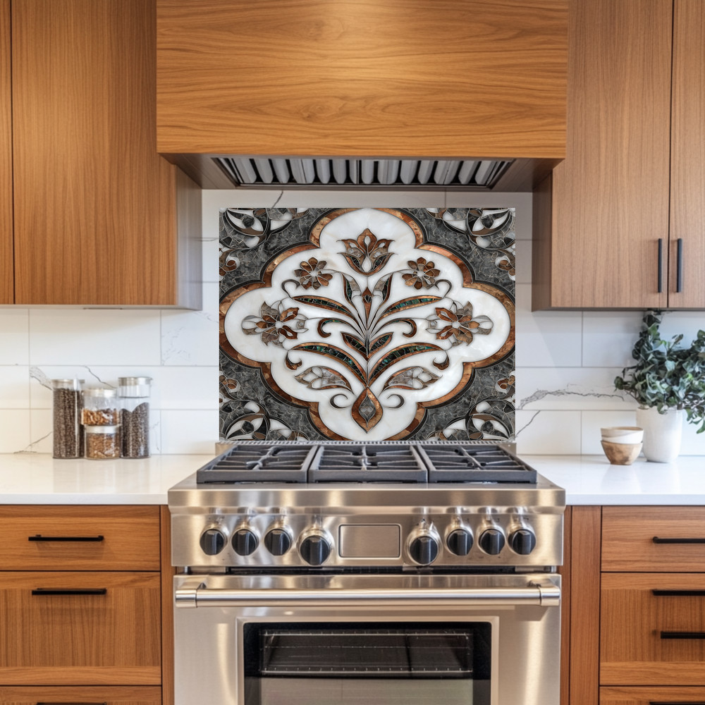 Ottoman Pattern on Marble Print Background Glass Backsplash for Kitchen Stove