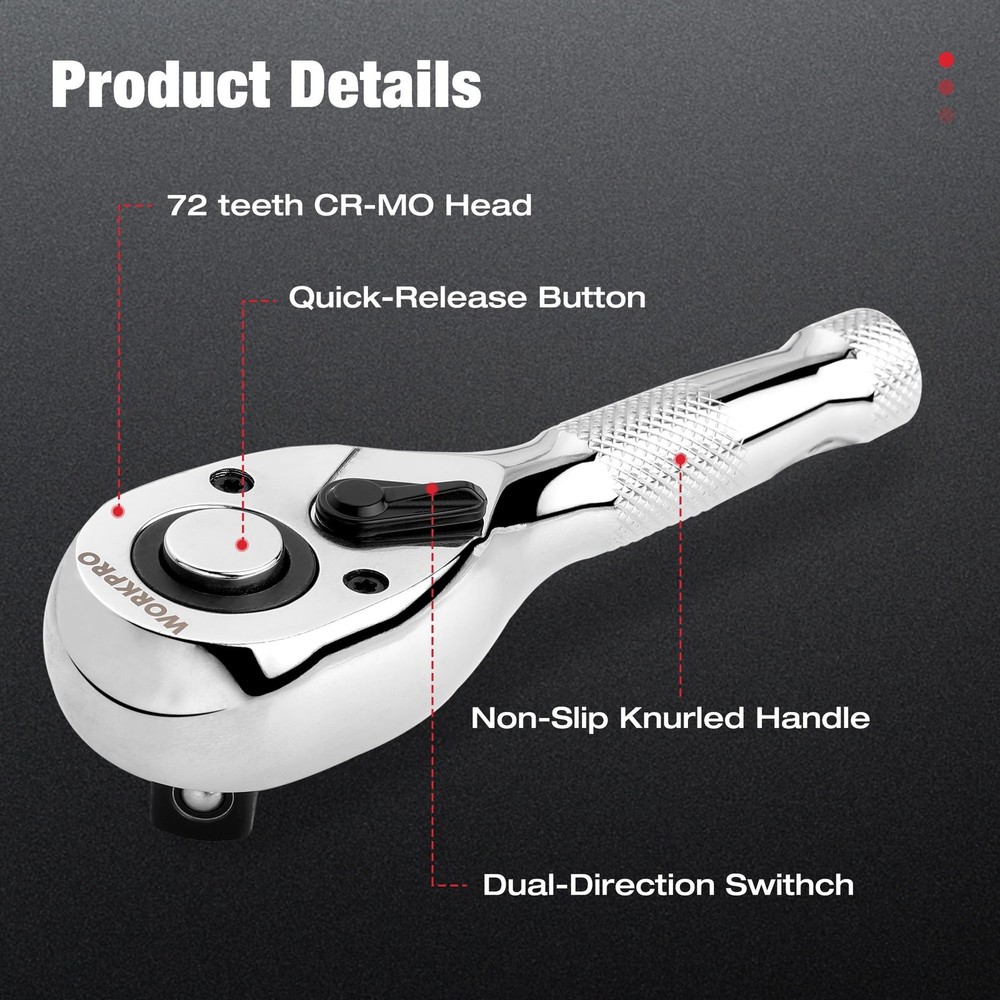 WORKPRO 3-Piece Stubby Ratchet Set, Quick Release 3pc ratchet set, Silver