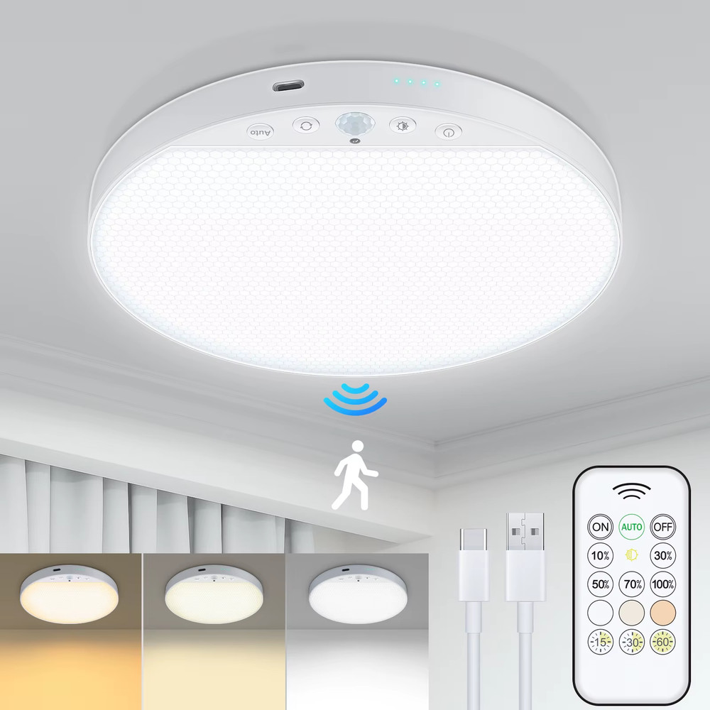 WILLED 8W Rechargeable Motion Sensor Ceiling Light with Remote 5000Mah Battery M