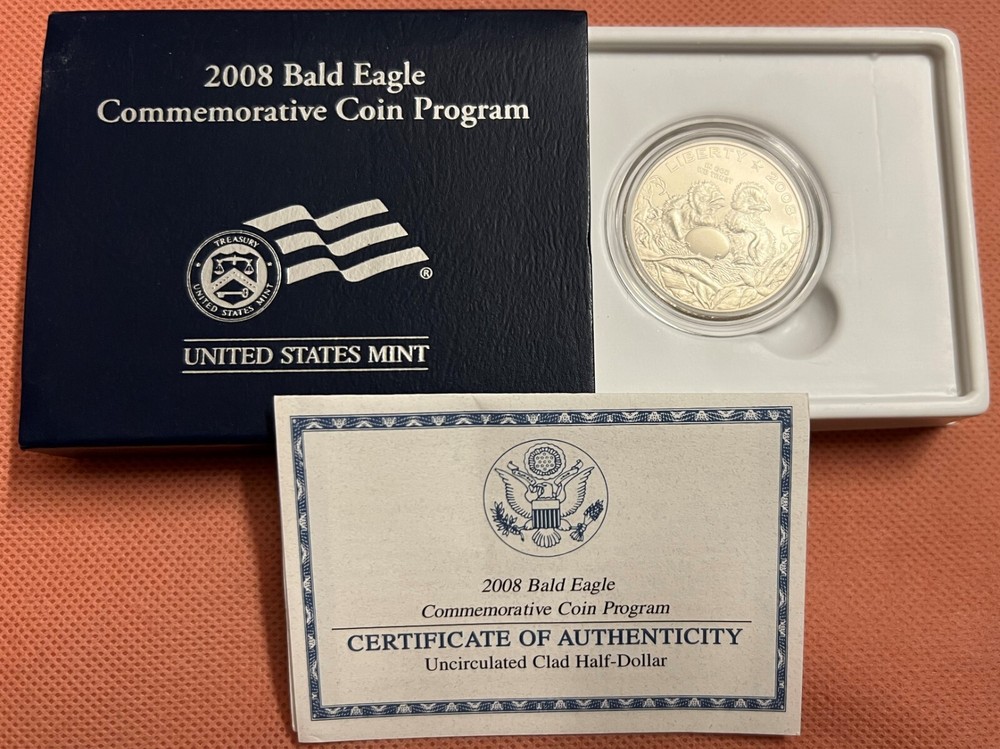 2008-S U.S. BALD EAGLE COMMEMORATIVE UNCIRCULATED HALF DOLLAR COIN WITH BOX, COA
