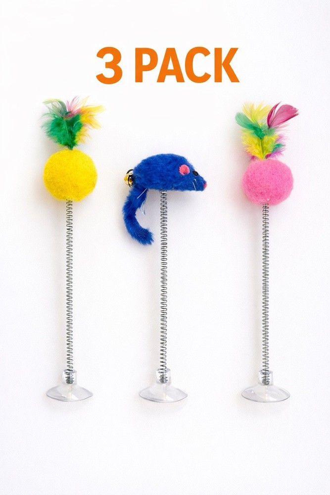 Interactive Cat Toy with Suction Cup 3 Pack | Keeps Cats Busy |Spring Toy