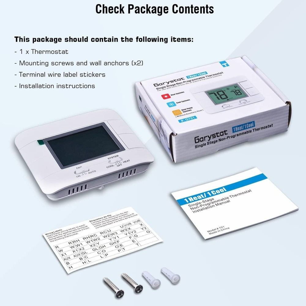 Upgraded Non-Programmable Digital Thermostat for Single Stage Systems - Blue LCD