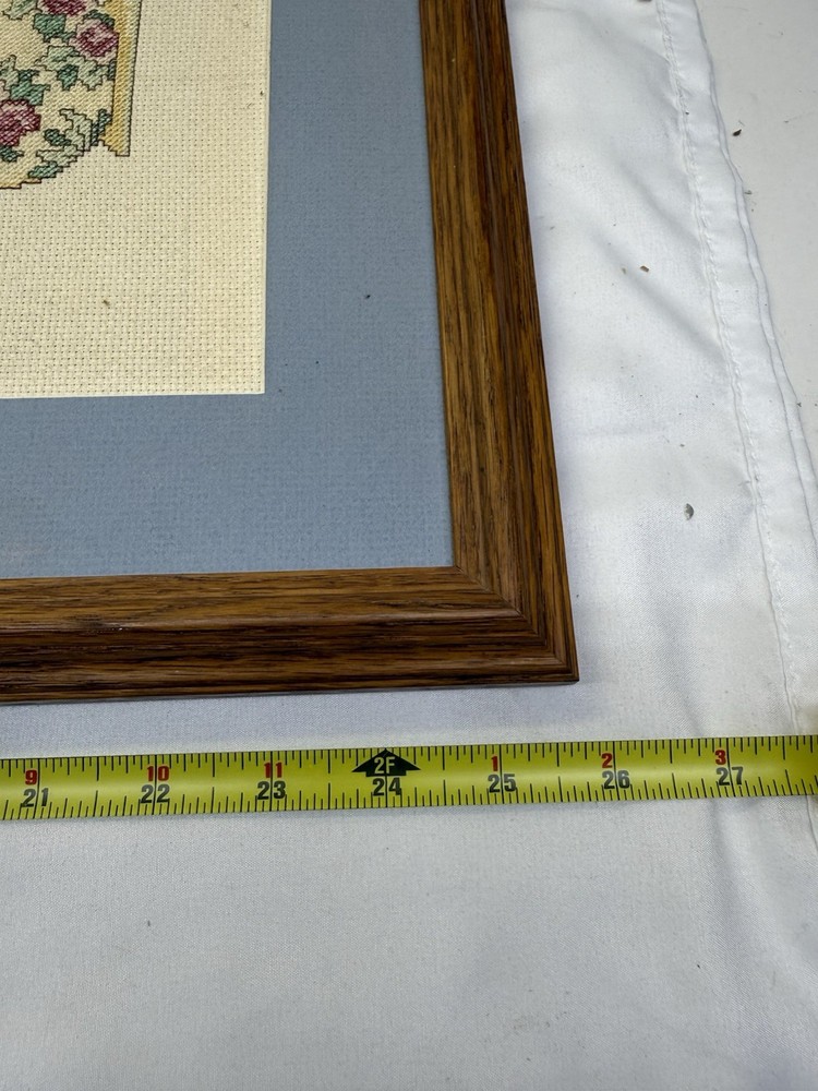 Vtg Framed & Completed Candamar Designs Tea Cup Stack Counted Cross Stitch